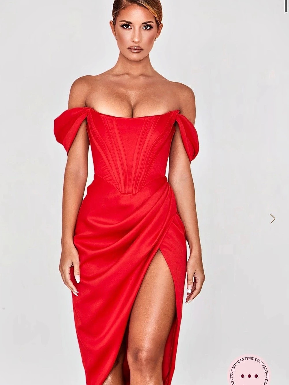 House of CB Loretta Off-the-Shoulder Satin Corset Dress Red